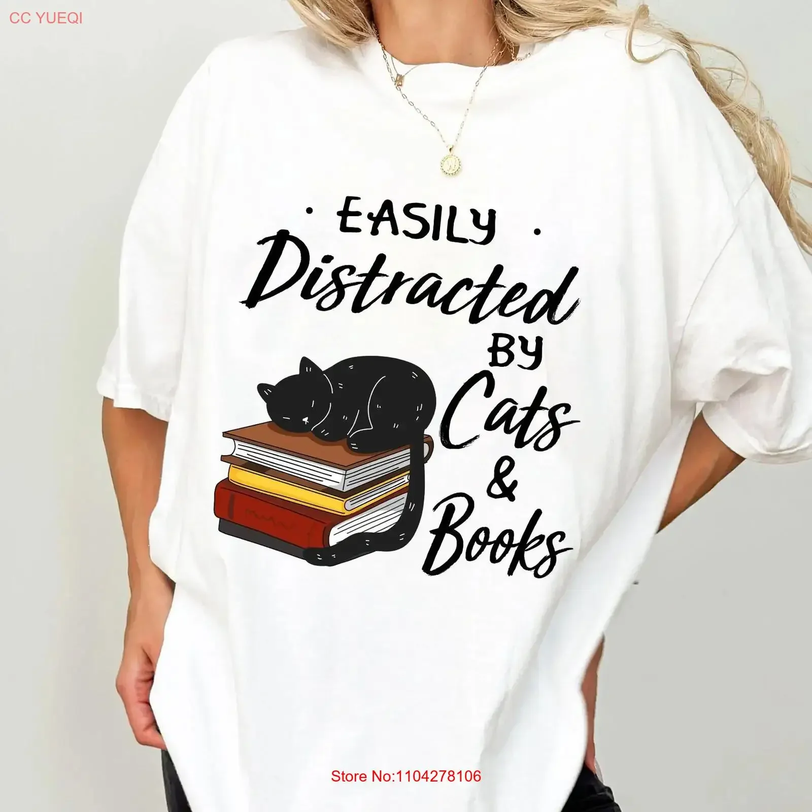 Easily Distracted By Cats And Books T Shirt Book Lover Funny Cat vintage Washed fashion Soft Comfortable streetwear Breathable
