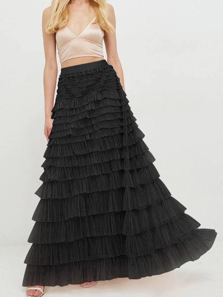 Casual Lange Rok Dames Zomer Mesh Cake Rokken Dames Elegante Gelaagde Ruches Rok Dames Mode Effen Kleur Geplooide Faldas