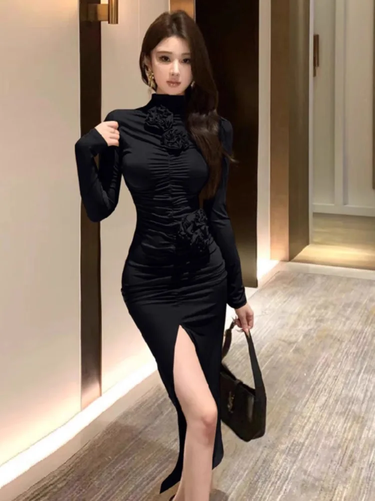 Ezgaga Dresses Women Elegant Flowers Long Sleeve Half High Collar Slim Ruched Split Party Temperament Dress Ladies Autumn