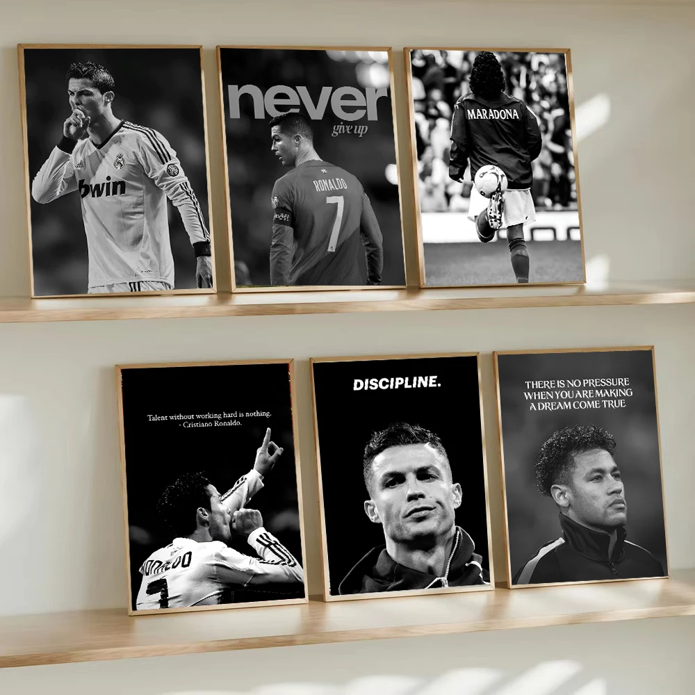 Czarno-biały plakat sportowy z piłkarzem, gwiazdą futbolu R-Ronaldos, inspirujące cytaty, obraz na płótnie, dekoracja ścienna do domu.