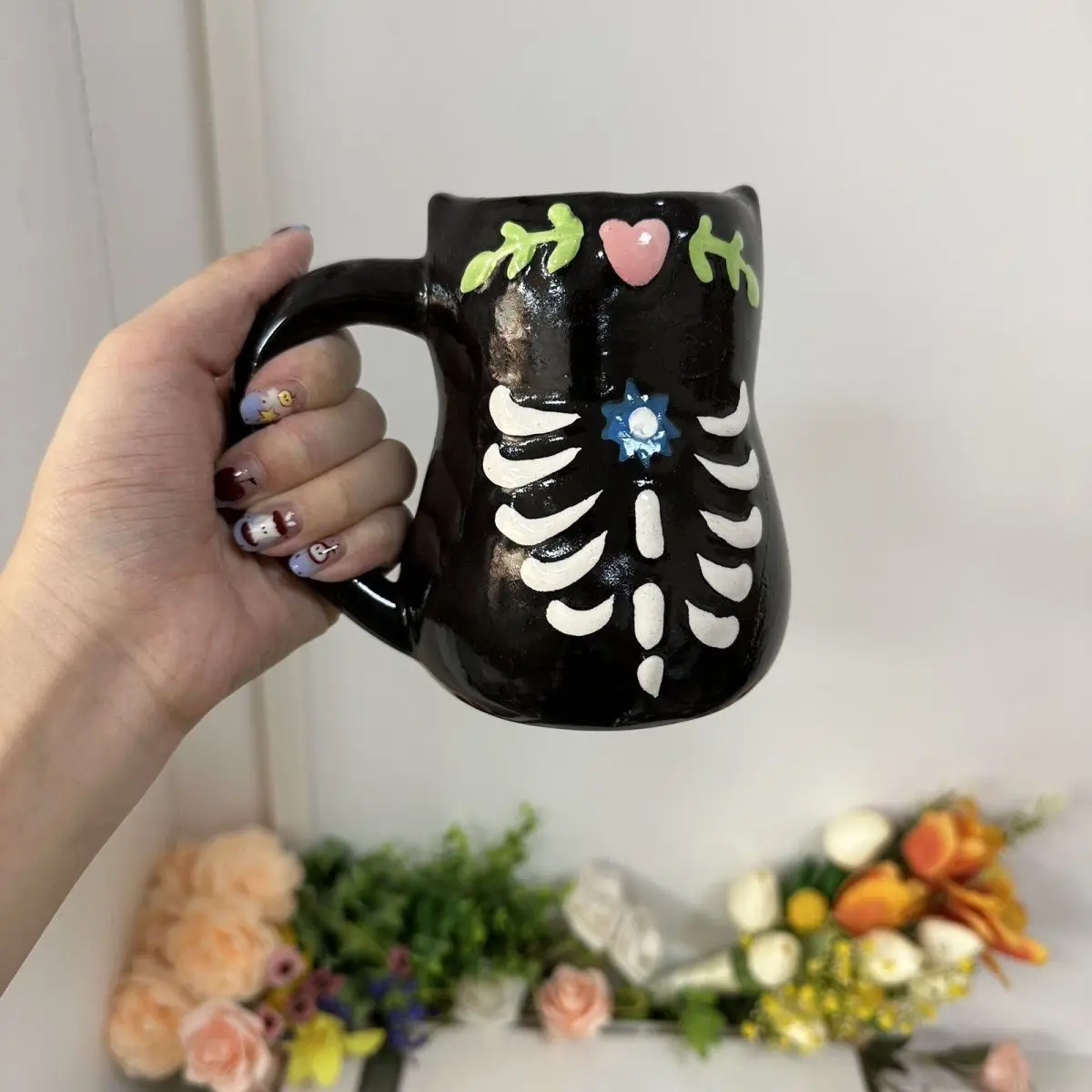 Cute Skeleton Black Cat Ceramic Mug, Office Breakfast Milk Oat Cups, High Beauty Coffee Mugs, Halloween Gift Couple Tea Cup Set