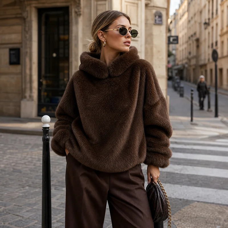 Hooded Women's Furs Sweaters Full Sleeve Faux Fur Pullovers For Woman Thickened Warmer Tops Female 2026 New Winter Jackets