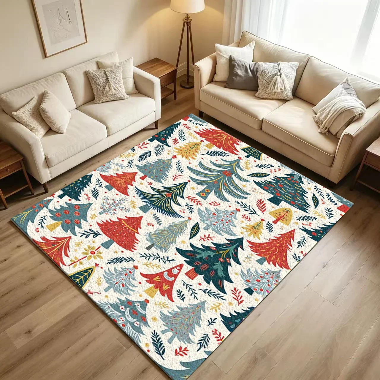 Bohemian Christmas Tree Carpet Flooring Colorful Hand Drawn Festive Pine Tree Repeating Pattern Printed Floor Rug for Household