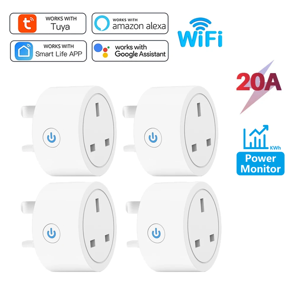 20A Tuya Smart Socket WiFi UK Plug 3 pin Adapter Home Alexa Voice Control With Energy Monitoring Timer Function Power Outlet Set