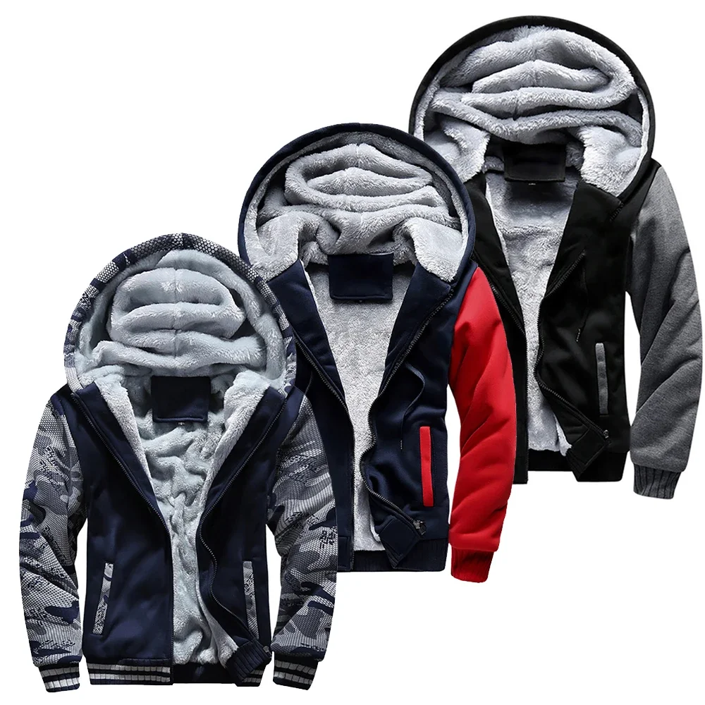 Zimowa gruba kurtka z zamkiem błyskawicznym Streetwear kamuflaż męskie bluzy polarowa kurtka na co dzień z długim rękawem jednokolorowa odzież sportowa topy