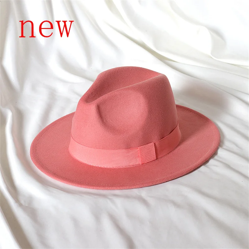 Leather Pink Fedora Wide brimmed Jazz Hat Autumn/Winter Classic Elegant Panama Hat Gentleman Hat Wholesale Sombrero