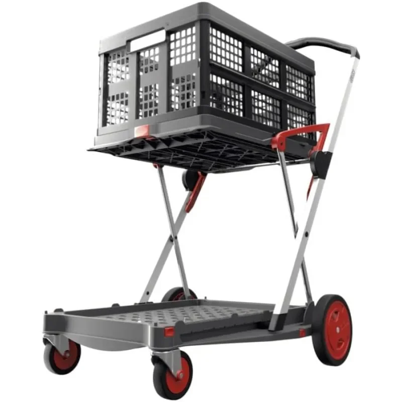 Multi use Functional Collapsible Carts | Mobile Folding Trolley | Shopping Cart with Storage Crate (Red)