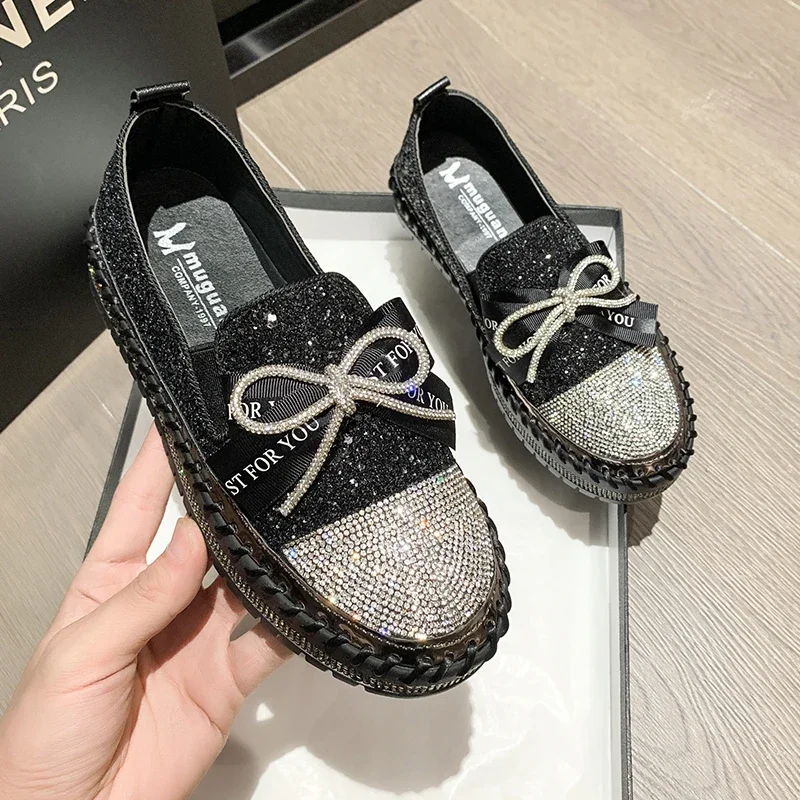 New Women Shining Rhinestone Loafers Bowknot Slip-on Thick Botton Casual Ladies Crystal Shoes Female Platform Sneakers Sports