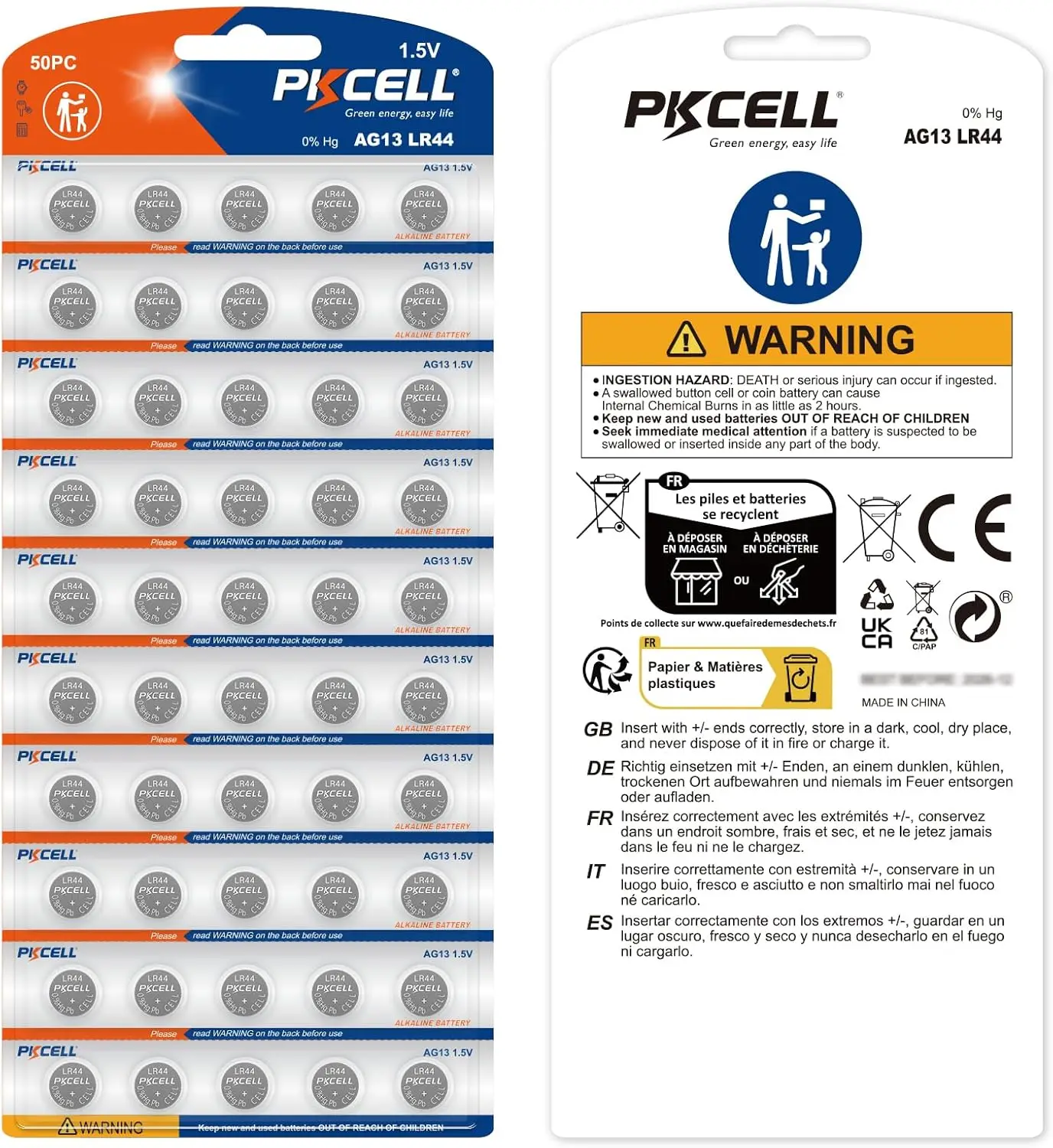 200-Count PKCELL LR44 Button Cell Battery 1.5V AG13 Alkaline Button Cell Batteries for Toys, Pet Collars, and Remote Controls