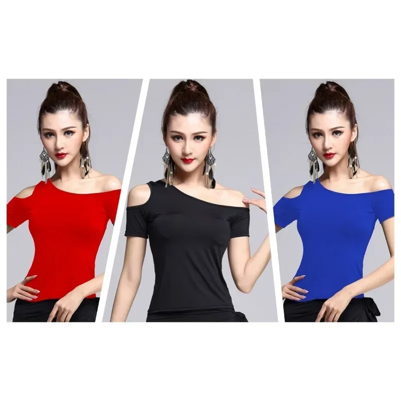 2024 New Latin Dance Clothes Slim Off-shoulder Fitness Clothes for Women Square Dance Clothes Short-sleeved Tops for All Seasons