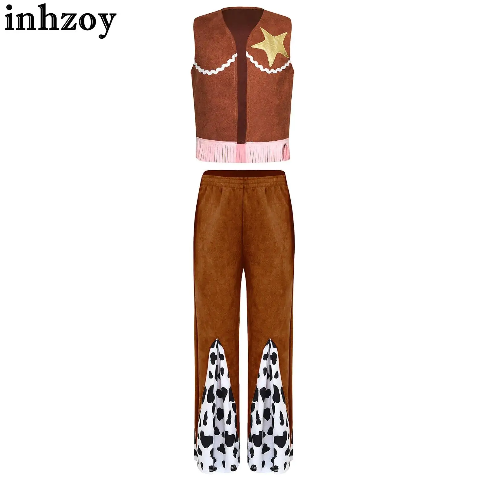 Girls Western Cowboy Outfits Five-pointed Star Fringe Vest and Cow Print Flared Pants Set Halloween Cosplay Party Fancy Dress Up