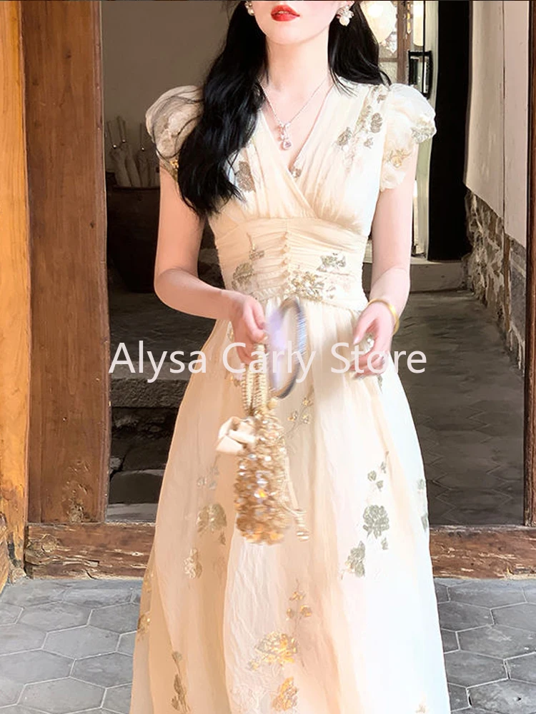 Elegant Vintage Sequined Embroidery Dress Women Sexy V-neck Party Long Fairy Dress Female Casual Petal Sleeve Korean Slim Dress