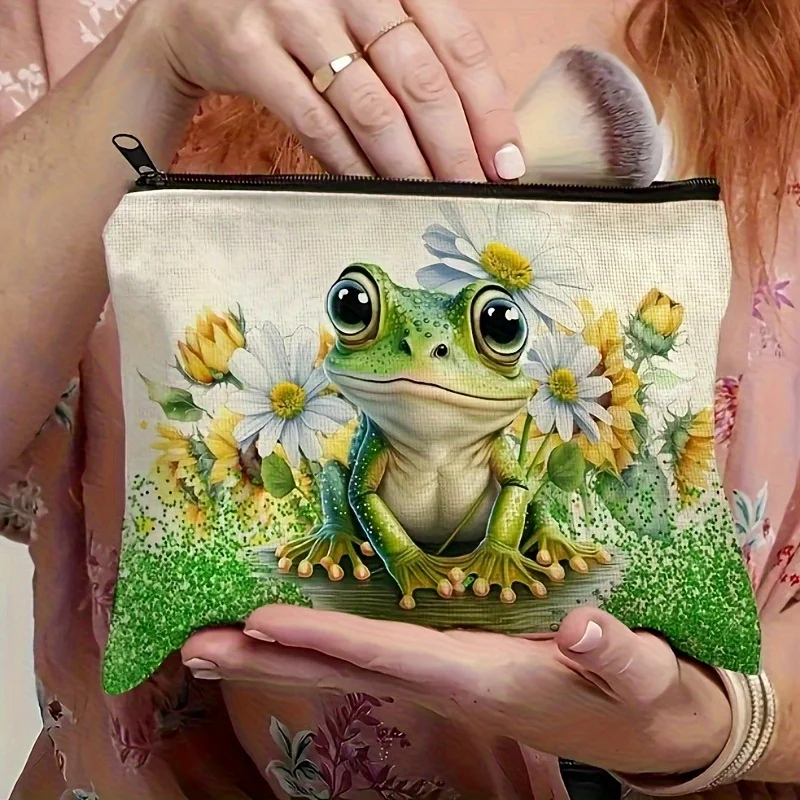 Unique Western Frog and Floral Makeup Bag Set 1pc- Bright Green Frog with Yellow and White Floral Design
