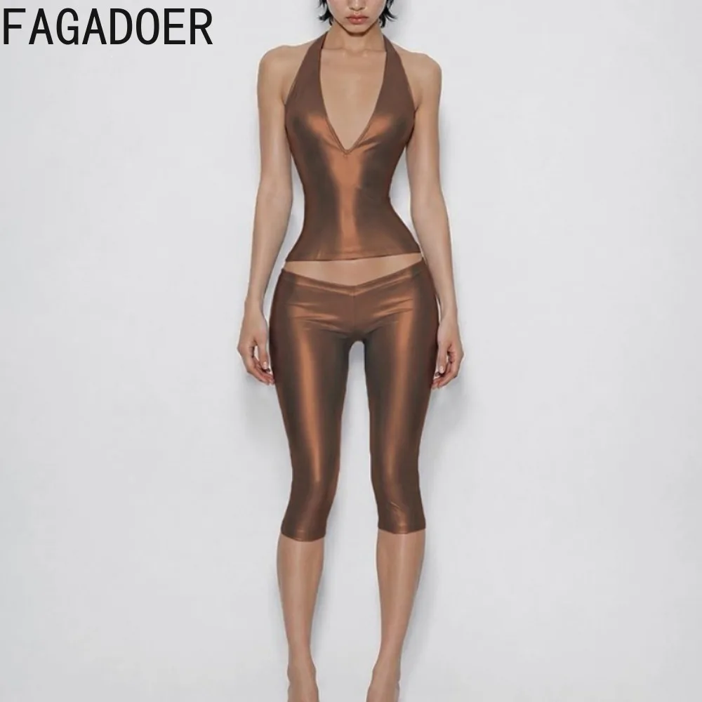 FAGADOER Women Metallic Two Piece Set Halter Deep V Top Low Rise Capri Pants Sexy Bodycon Y2K Party Clubwear Outfit