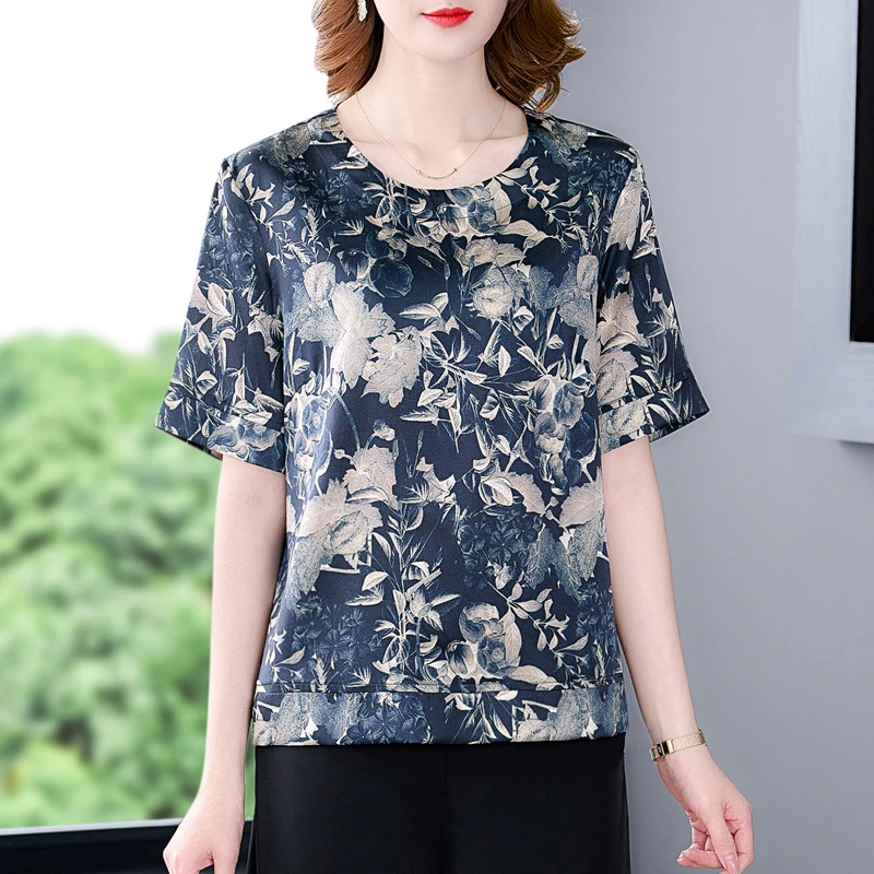 2024 New Floral Natural Silk Short Sleeve Blouses Women Fashion Elegant Bodycon Top Shirts Summer Korean Vintage Casual Shirts