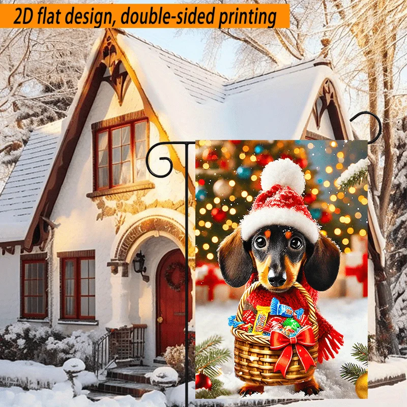 2D Flat, 2D Flat Design, Double-sided Printing 2D Flat Design, Double-sided Printing 1pc, Double-sided Christmas Garden Flag- 2D Flat Design Featuring a Dachshund Wearing a Christmas Hat, Suitable for Outdoor Decoration in Winter, Ideal for Yard