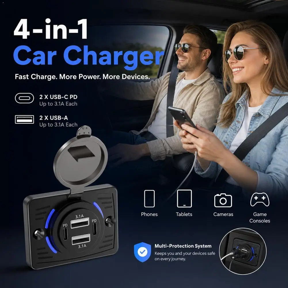 12V/24V Car Charger Socket QC 3.0 PD Dual USB Quick Charge With Sliding Cap Outlet Panel Adapter For Truck Camper Accessories