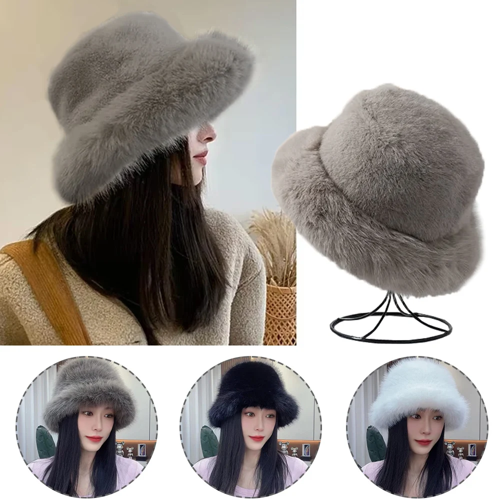 2024 New Women Fluffy Faux Fur Bucket Hat Winter Warm Ear Protection Cap Windproof Panama Caps Fashion White Plush Bucket Hat