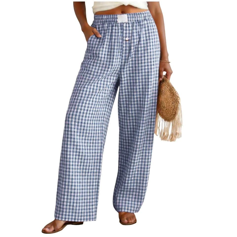 

Women's Y2K Retro Aesthetic Wide Leg Pants Summer Casual Elastic Plaid Loose Trousers Streetwear High Waist Checkered Pants