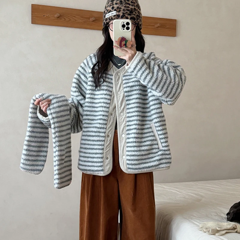 Y2K Korean Double-Sided Cotton-Padded Coats Women Chic Single Breasted Polar Fleece Jackets Stripe Contrast Color Winter Parkas