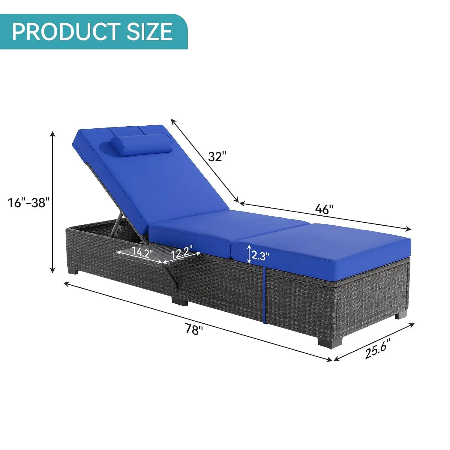 Adjustable Chaise Lounge Chairs, 5-Position Rattan Recliners with Cushion & Headrest, All-Weather Wicker Customized