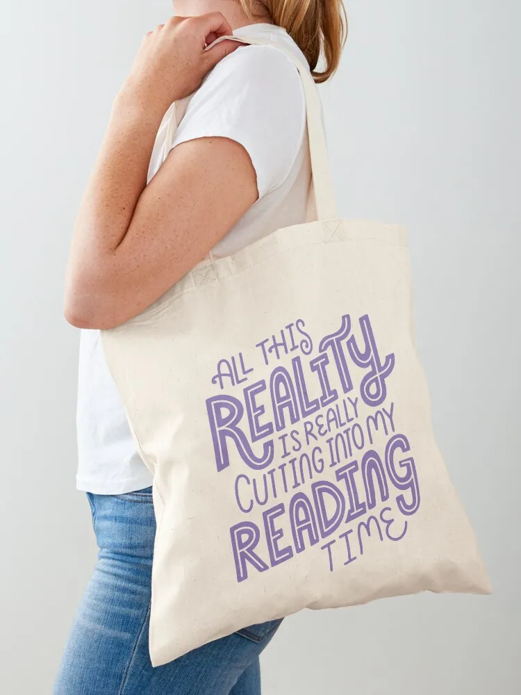 Reality Vs. Reading Purple - Book Nerd Quote Lettering Tote Bag cute pouch bag Canvas female bag