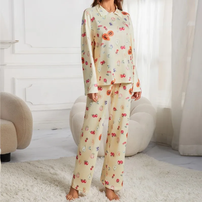 2024 Women\'s New Casual Yellow Pajama Set Long Sleeve Button Shirt Pocket Flower Fruit Printed Loose Wide Leg Pants Pajama S-XXL