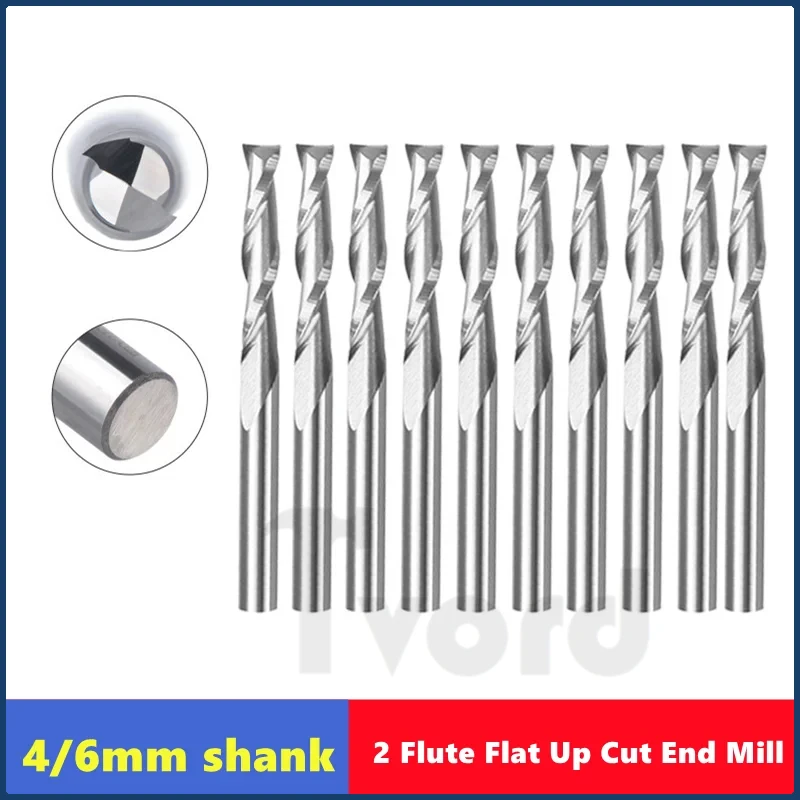

10pc 4/6mm Shank 2 Flute Flat Up Cut End Mill Carbide CNC Router Engraving Bit PVC MDF Milling Cutter Spiral Router Bit for Wood