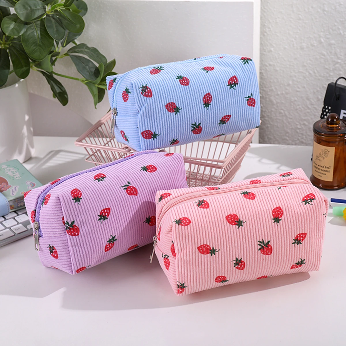 Estuche para Lápices con Estampado de Fresas, Bolsa de Almacenamiento para Exteriores, Gran Capacidad, Portátil, Útiles Escolares, Regalo para el Regreso a Clases