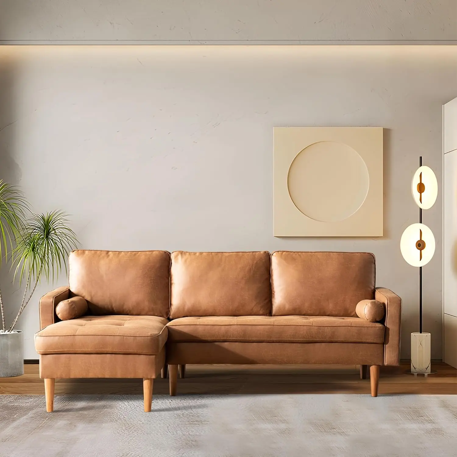 

L Shaped Sofa Couch w/ Chaise, 83" Mid Century Modern Leather Sofas w/ Deep Seat, Sectional Couches w/ Comfy Upholst Cushion