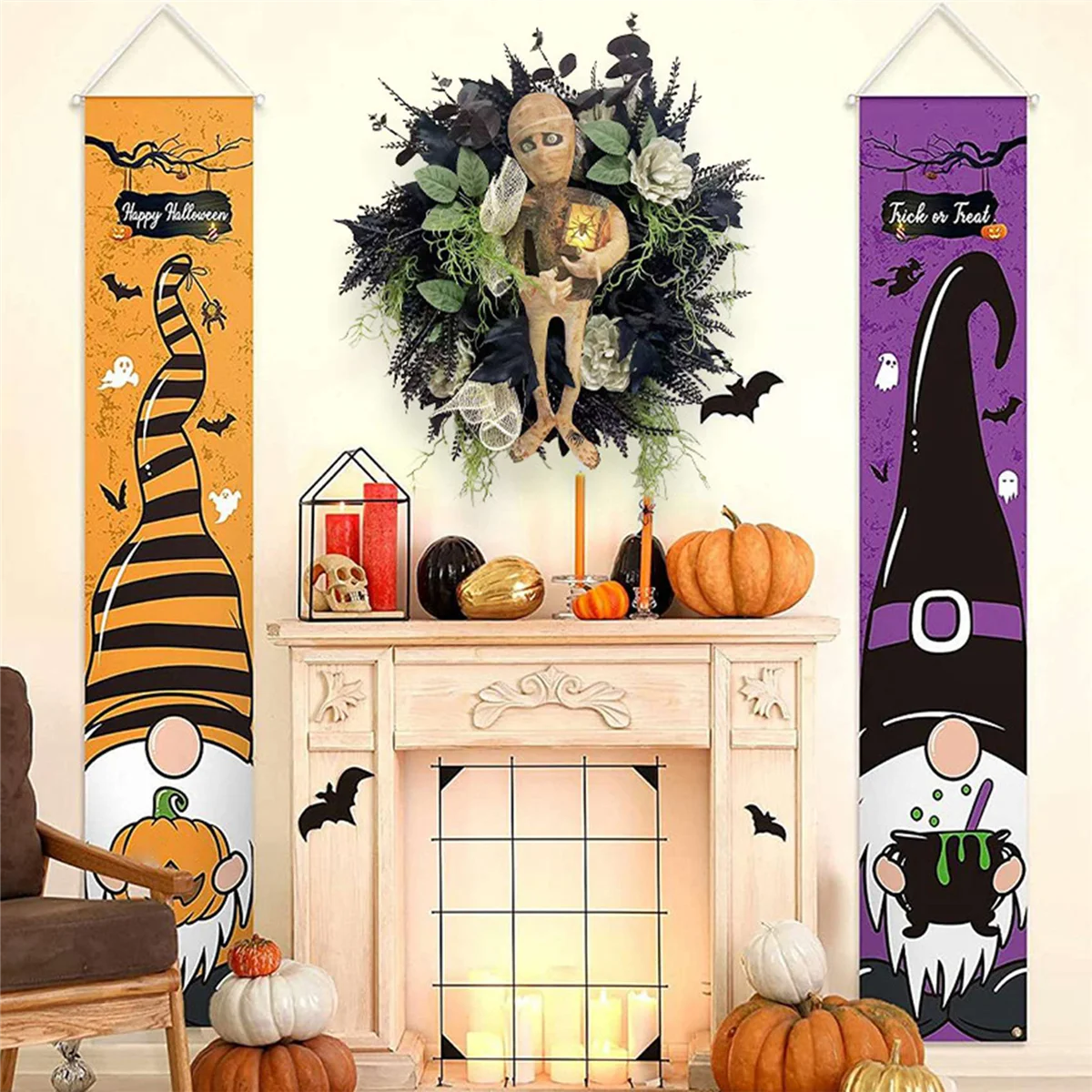 Halloween Mummy Wreath Indoor Outdoor Horror Wall Hanging Front Door Welcome Sign Porch Decorations for Home Halloween