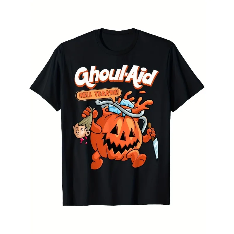 

Summer Hot Sale Men's Ghost Pumpkin Halloween Pattern T-Shirt Casual T-Shirt with "GHOUL AID" Design T-Shirt
