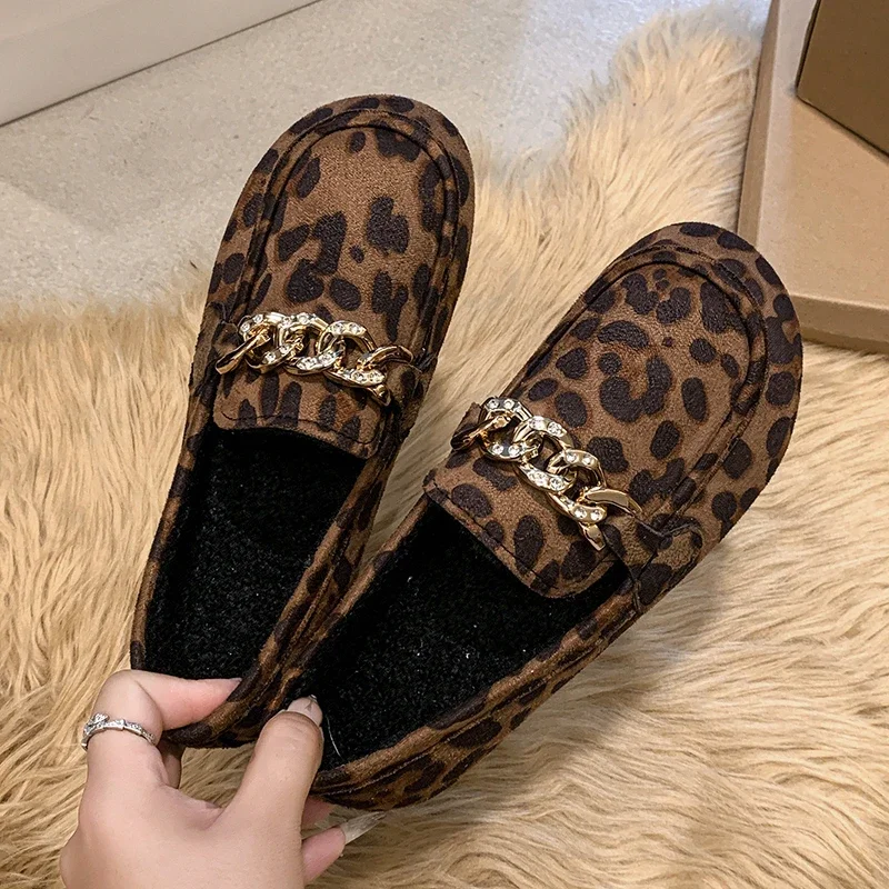 Winter Women's Suede Shoes Leopard Print Fur Lined Casual Penny Loafers Retro Ladies Moccasins Driving Slip On Boat Flat