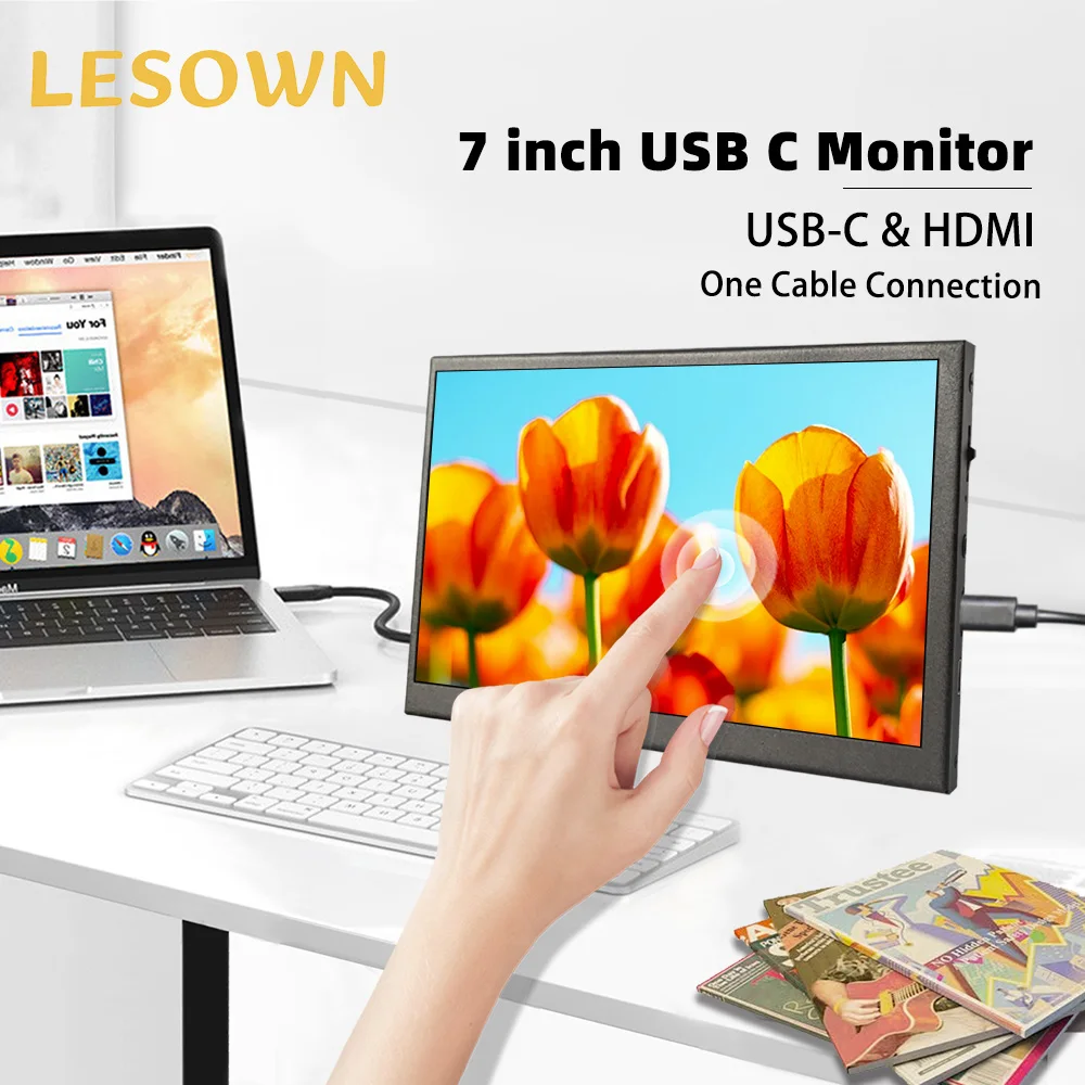 

LESOWN Small Auxiliary Monitor7 Inch HDMI Type C Side Display 1024×600 IPS Touch Panal Space-Saving Monitor Second Screen for PC