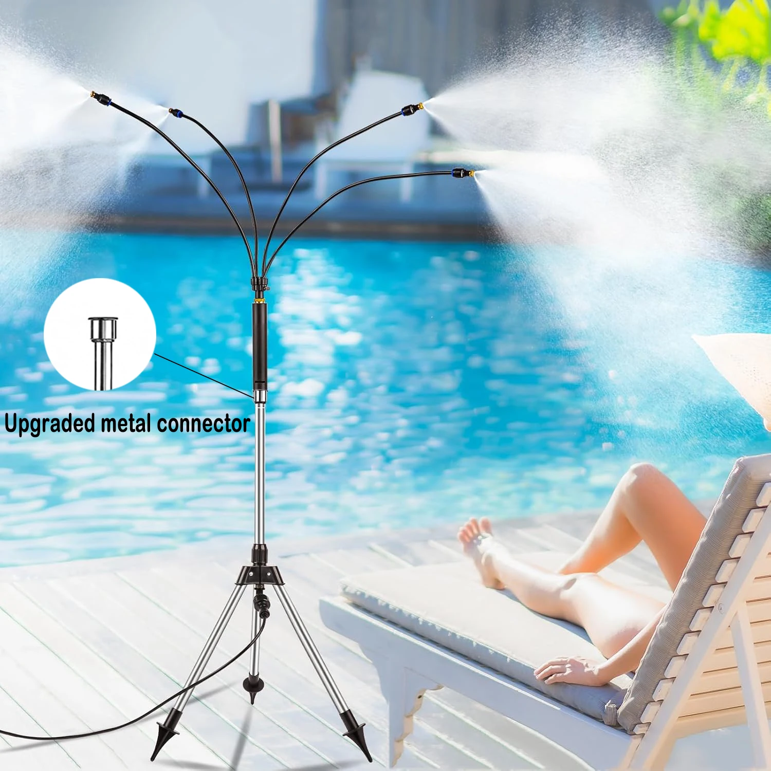 

Upgraded Portable Misting Stand: Adjustable to 49in, Metal Connector, No Power Needed. Ideal for BBQ, Pool, Patio & Water Fun.