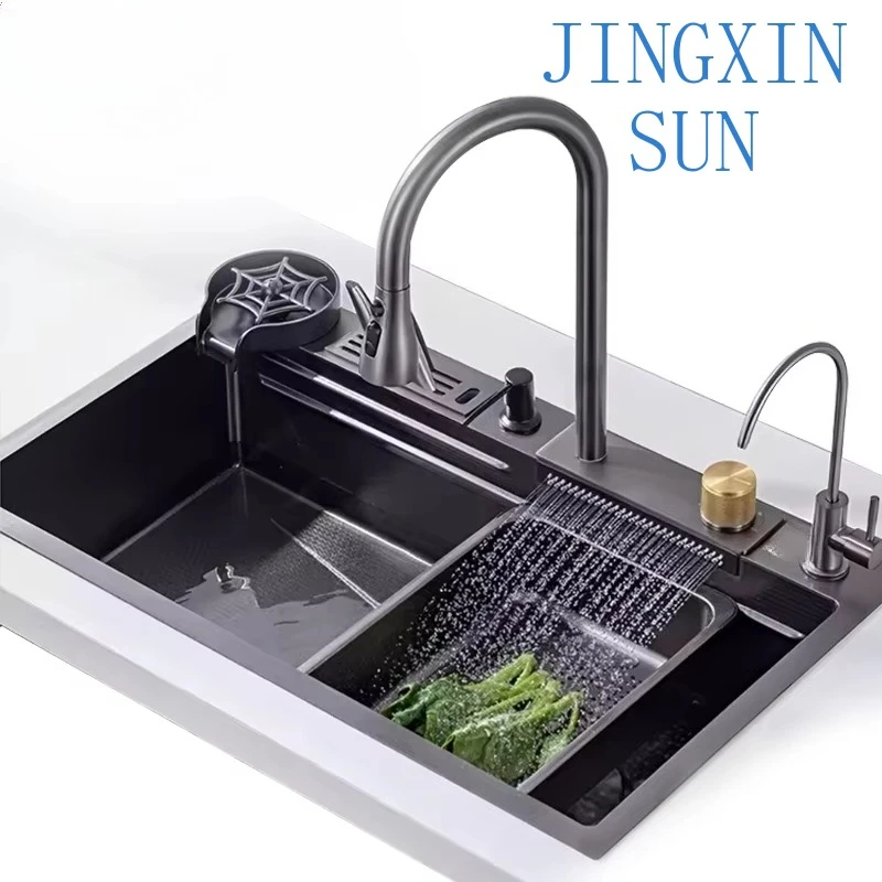 Hand Pulled Multifunctional 304 Stainless Steel Waterfall Kitchen Sink with Knife Holder