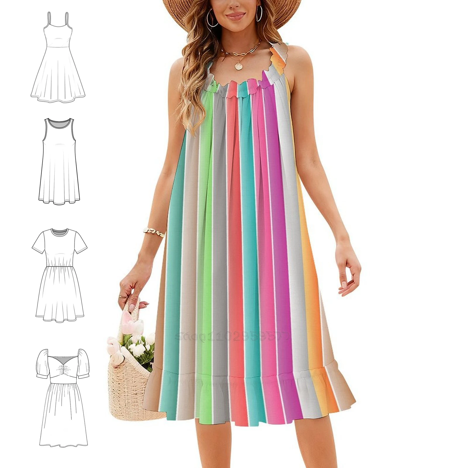 Abstract Colorful Background Stripe Pattern Colored Bohemian Sleeveless Dress Multi-Print Beach Vacation Party Dress Background