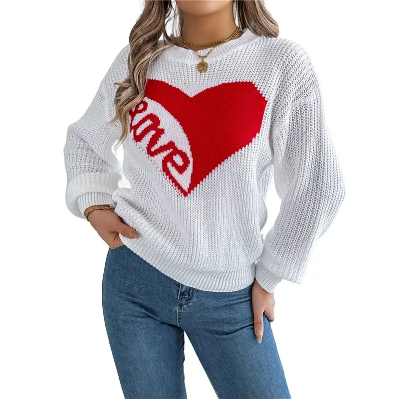 CYL-Valentine's Day Sweater For Women Heart Woven Knitted Pullover Long Sleeve Woven Knitted Casual Sweater
