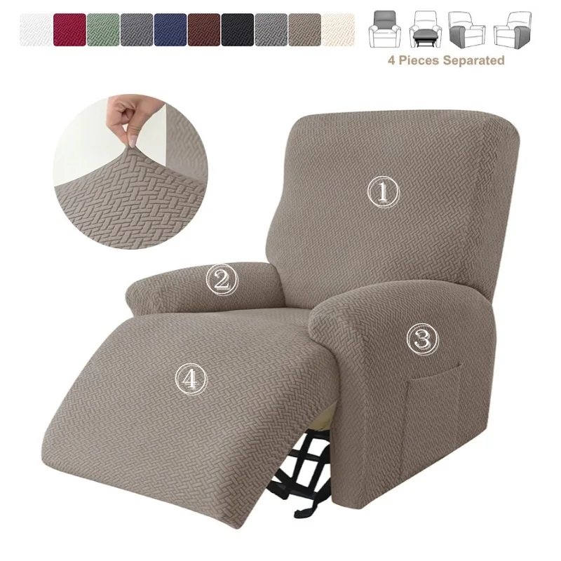 4pcs Jacquard Elastic Recliner Sofa Cover for Living Room All-inclusive Armchair Slipcovers with Side Pocket Relax Loungue Cover