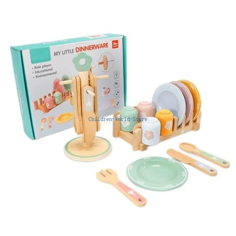 

R9JD Pretend Play Kitchen Set Wooden Toy For Toddlers Utensils Dishes Model Educational Gift For Girls Boys