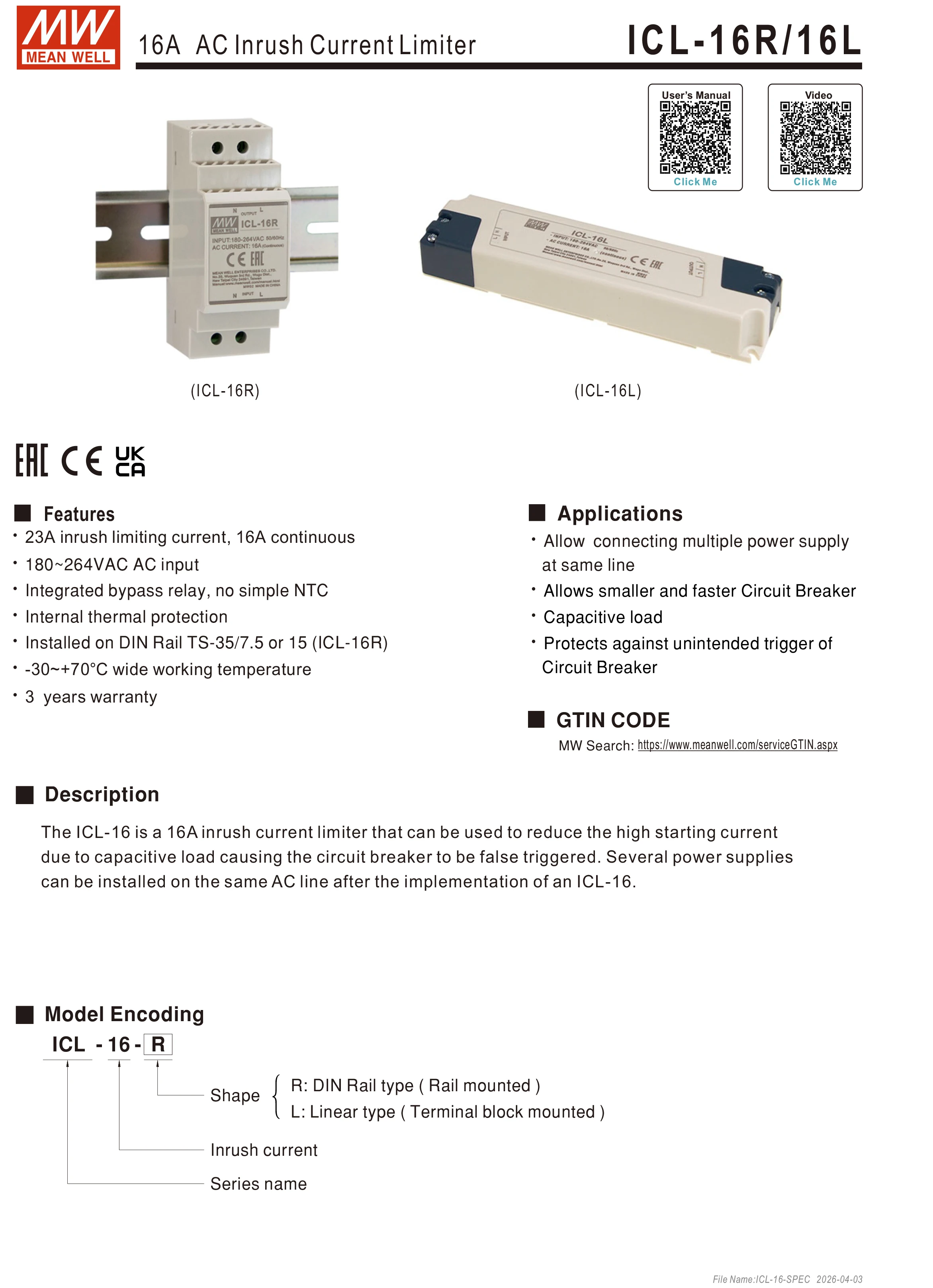 Original Mean Well ICL-16R meanwell DIN Rail 16A AC Inrush Current Limiter to reduce the high starting current