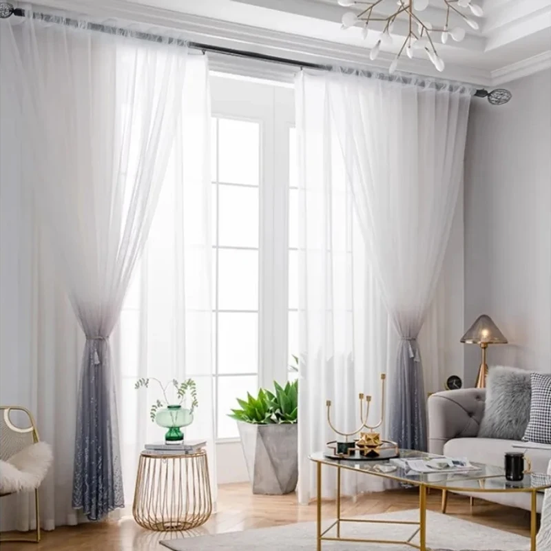 1PC Nordic Tulle cheap White-Gray yarn Simple  Embroidered Curtains for Living Room Bedroom Window Decor Luxury Blackout Gauze