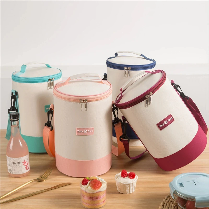 Large Capacity Portable Lunch Bag Fresh-Keeping Cylindrical Insulated Lunch Box Tote Round Aluminum Foil Food Thermal Cooler Bag