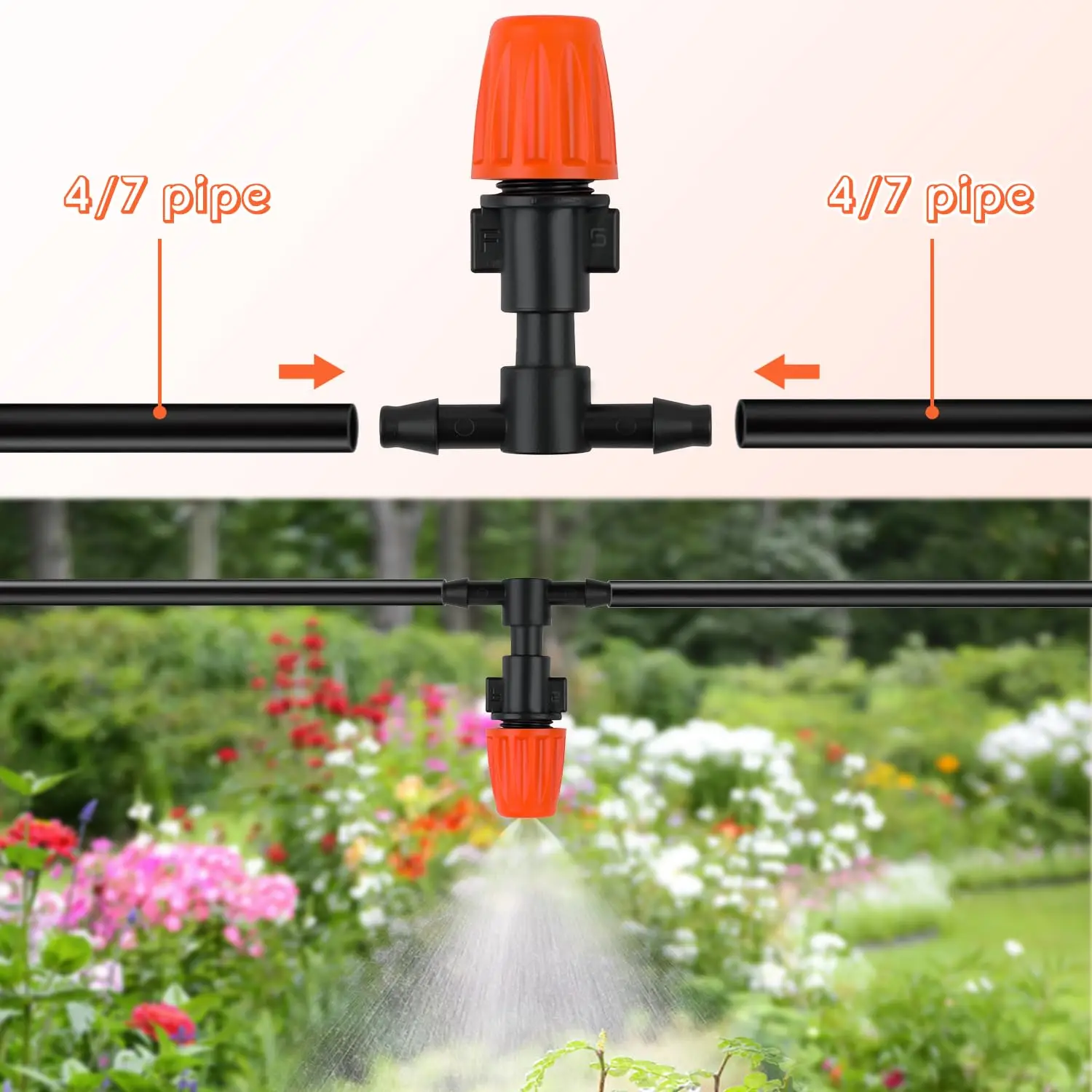 Adjustable Misting Nozzle 7.5-10L/H T-Type Orange With 1/4 Inch Tee Connector For Garden Greenhouse 4/7mm Hose Sprayer Watering