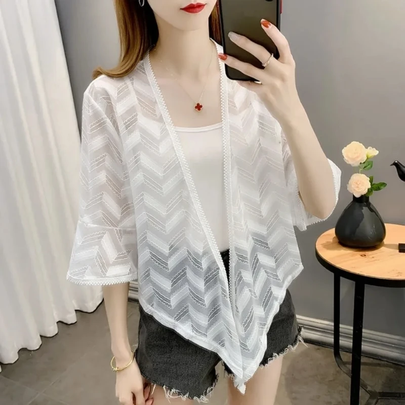 Summer Women Thin Sunscreen Cardigan Lace Lace-Up Hollowing Out Loose Tops Female Korean Style Short Coat Casual Sun Protected