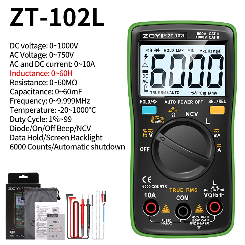 ZOYI New ZT102L Digital Multimeter 6000 Counts Auto Range Backlight AC/DC Ammeter Volt Ohm Tester Portable Meter Multimetro