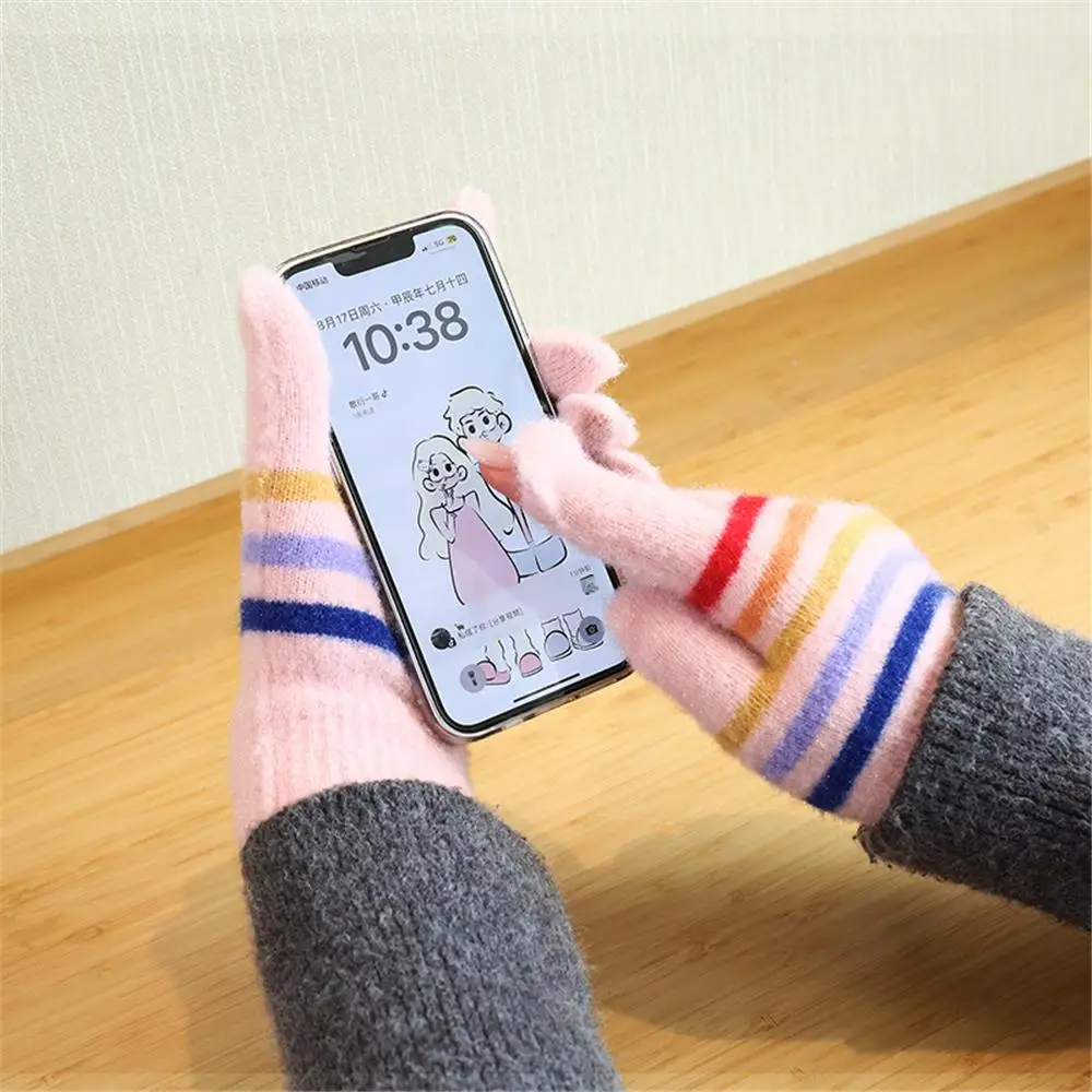 Cute Rainbow Striped Knit Gloves with Small Openings on Fingers Winter Warm Touchscreen Gloves Unisex Students Gloves