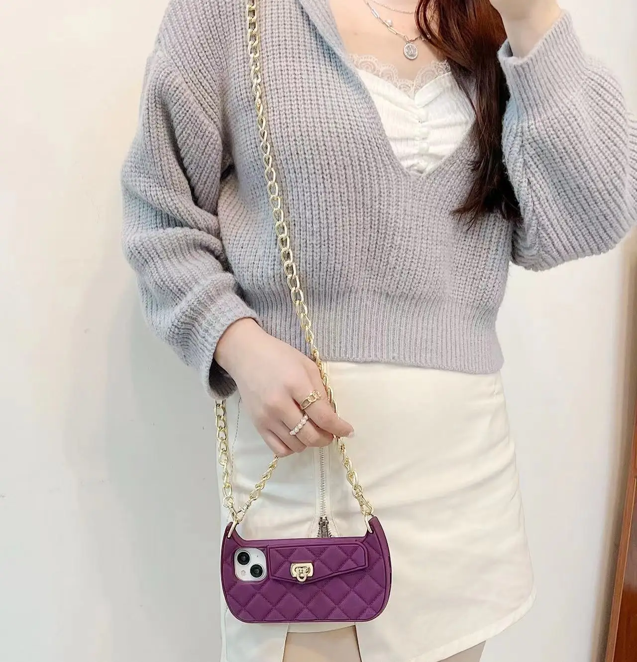 Rhombus Grids Moon Metal Chain Handbag For iPhone 14 Pro Max 13 Case Stylish Rhomboid Wallet Bag Card Silicone Cover With Strap