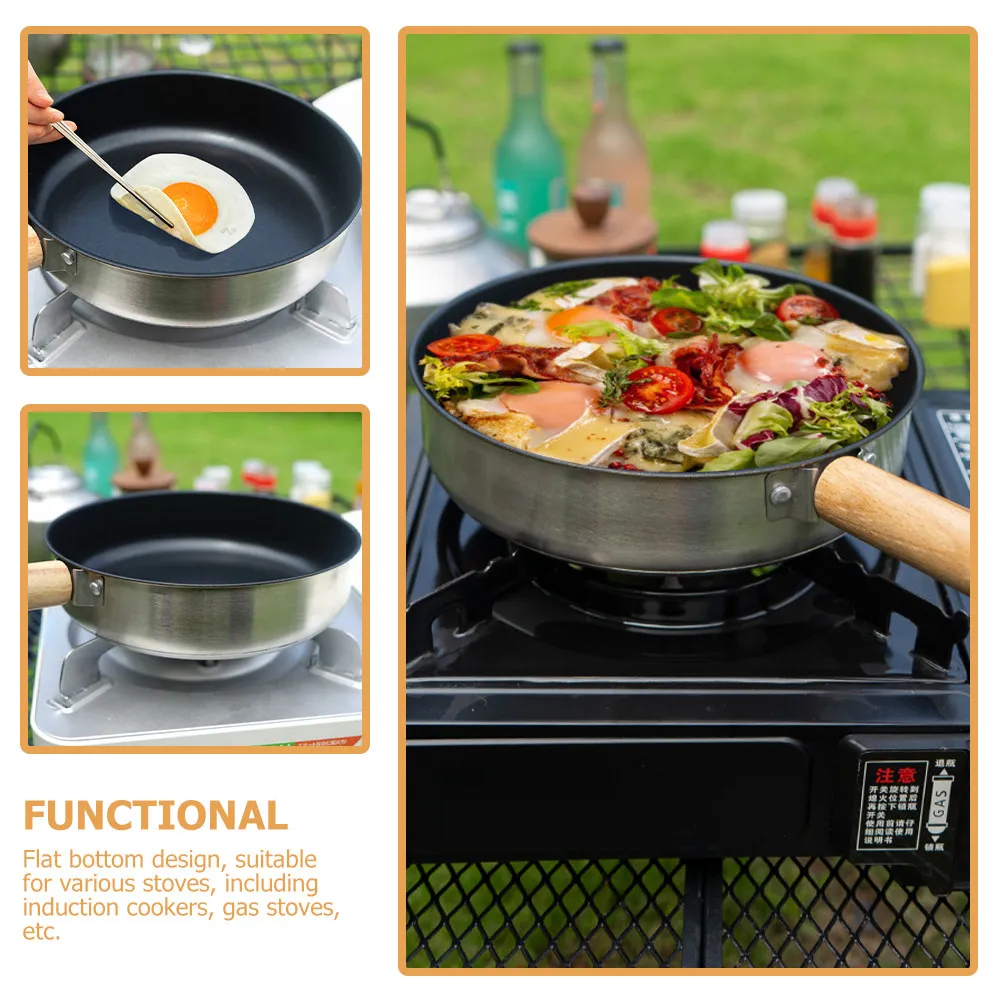 

Сковорода для жарки яиц с антипригарным покрытием, деревянной ручкой, портативная, для кемпинга, из нержавеющей стали, с плоским дном, для индукционных, газовых и электрических плит