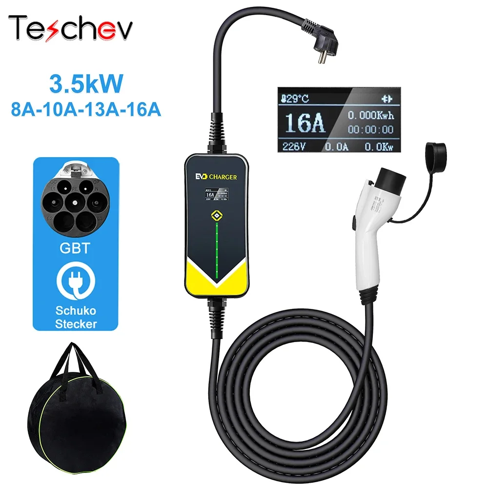 Teschev Portable Electric Vehicle Charger Type2 16A Fast Charging Cable Type1 EV Charger 3.5kW Wallbox EVSE with Schuko Plug